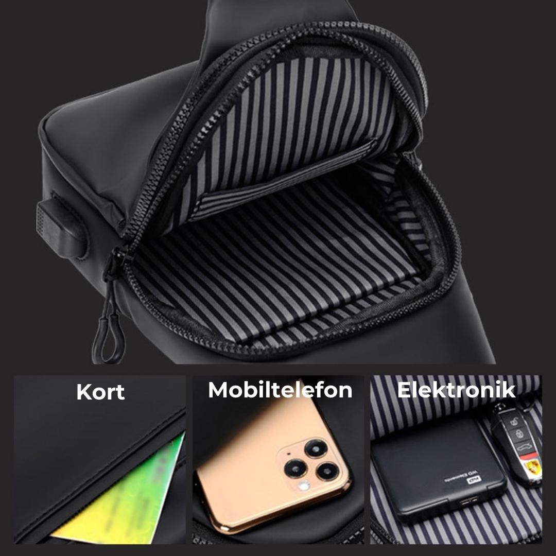 Crossbody taske i slidstærkt materiale, sort design med USB-port til powerbank.