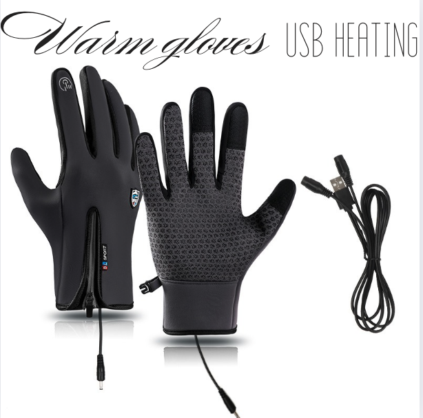 Sorte touchscreen handsker til vinter. USB-opvarmede unisex udendørshandsker med god greb.