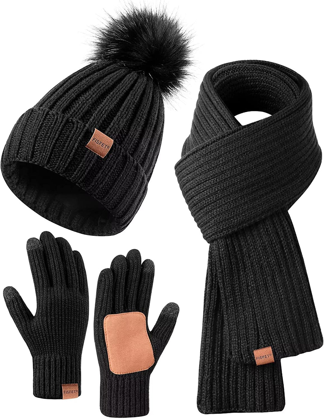 Unisex varmt vintersæt i strik med hue, tørklæde og touchscreen handsker. Perfekt kuldebeskyttelse.