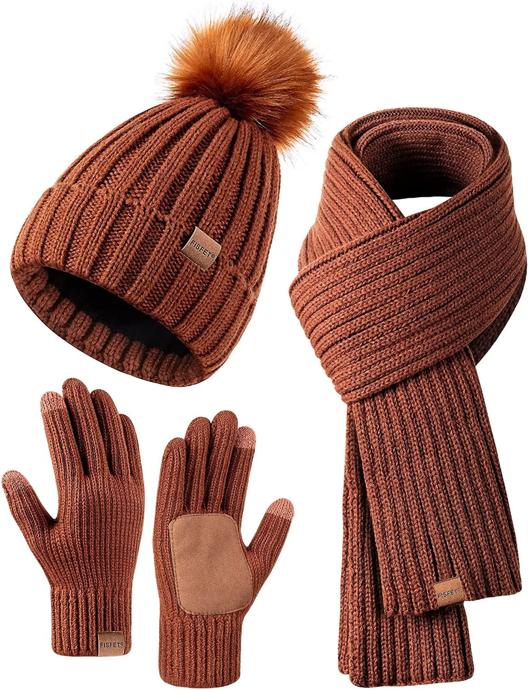 Essentielle unisex vinteraccessories: varmt sæt med hue, tørklæde og touchscreen handsker. Stilig kuldebeskyttelse.