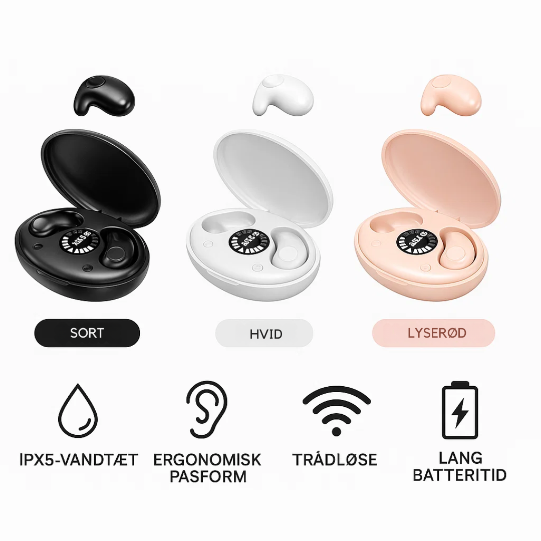IPX5 usynlige søvnhøretelefoner. Trådløse Bluetooth ørepropper for afslappet nattesøvn.