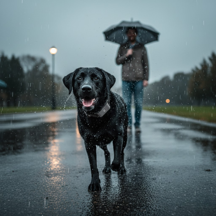 Glad hund med robust vandtæt GPS-halsbånd, sikrer tryg sporing under leg udendørs.