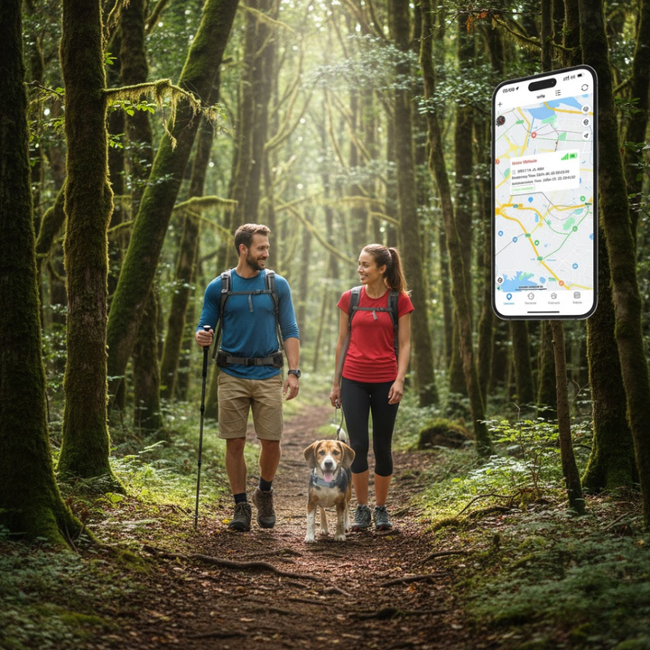Vandtæt GPS-halsbånd med realtime sporing og geofence funktion for kæledyrssikkerhed.