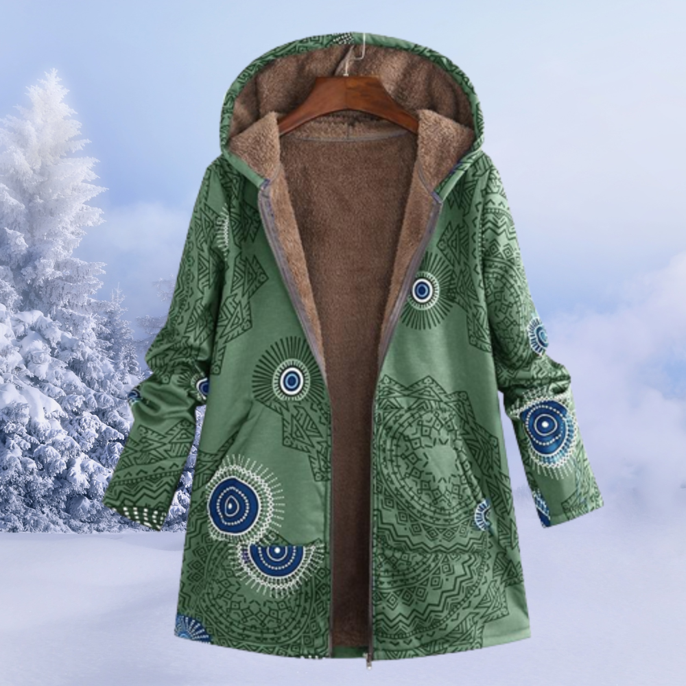 Blomstret damejakke, lang og varm til vinter. Med et hyggeligt design, perfekt som stilfuldt ydertøj.