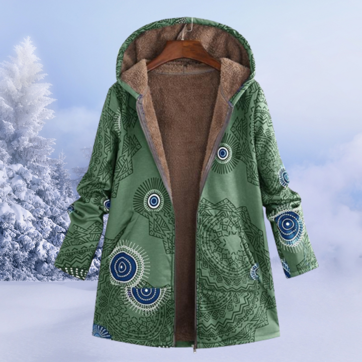 Blomstret damejakke, lang og varm til vinter. Med et hyggeligt design, perfekt som stilfuldt ydertøj.