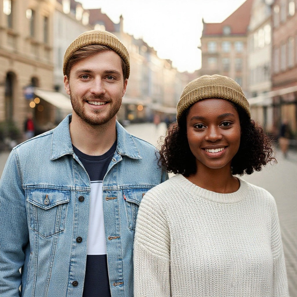 Stilren vintage strikhue, varm bomuld-polyester blanding, unisex.