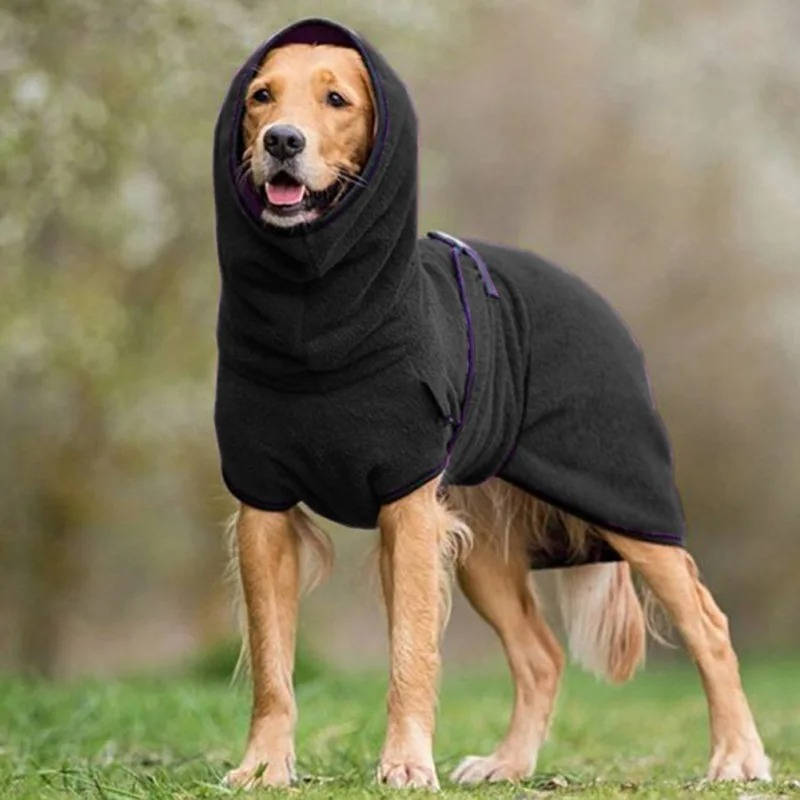 Glad hund løber i sne med en varm, vandtæt vinterfrakke med reflekser. Optimal komfort og sikkerhed i kulden.