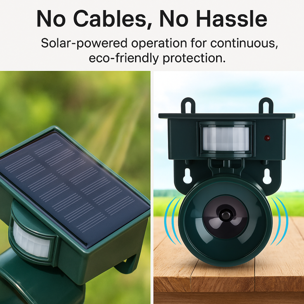 Fugleskræmmer med PIR-sensor og solenergi placeret i haven. Automatisk afskrækkelse af fugle og skadedyr.