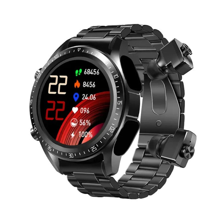 Nærbillede af VeroPulse Smartwatch med udtrækkelige trådløse høretelefoner, klar til musik, opkald og fitness.