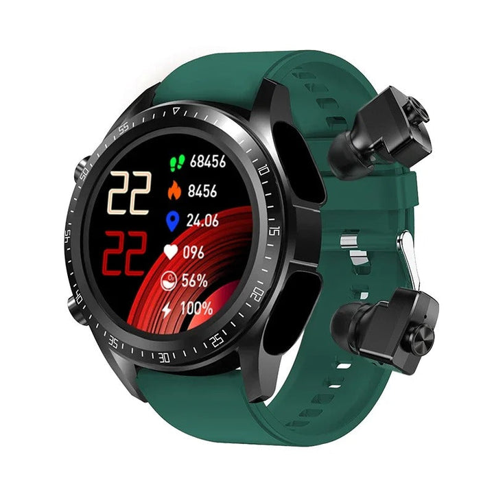 En person jogger med VeroPulse Smartwatch og de integrerede høretelefoner, nyder musik og tracker formen.