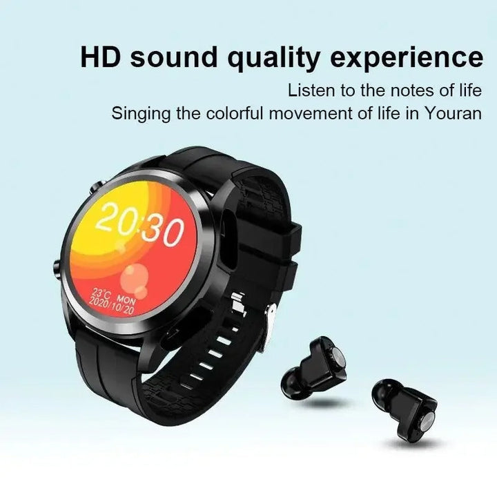 Elegant VeroPulse Smartwatch med stilrent design, sort urkasse og integrerede trådløse høretelefoner.