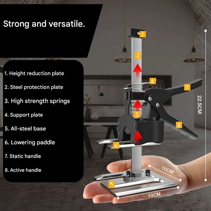 Justerbar løftehjælp i stål, ergonomisk, kan bære op til 150 kg, ideel til byggeprojekter, i elegant sort.