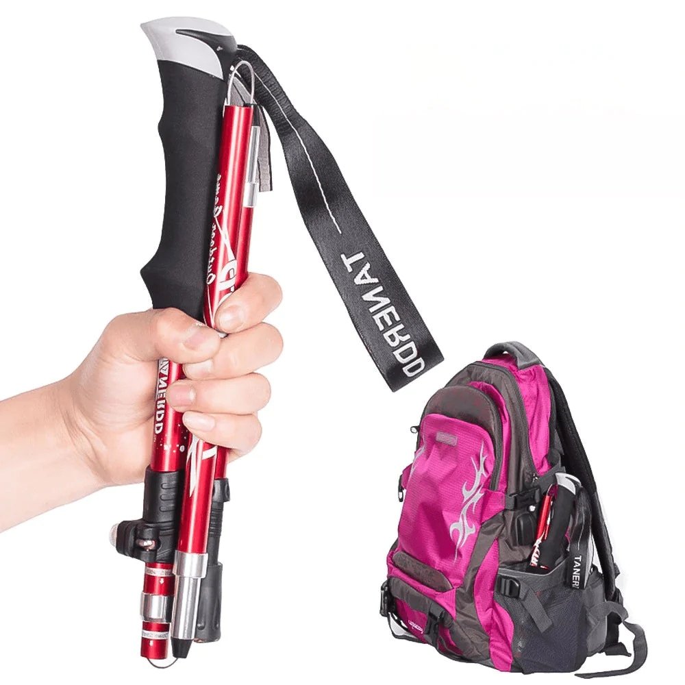 Justerbare aluminium vandrestave, kompakte og foldbare, giver stabilitet og komfort til trekking og vandreture.