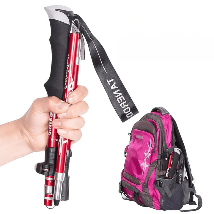 Justerbare aluminium vandrestave, kompakte og foldbare, giver stabilitet og komfort til trekking og vandreture.