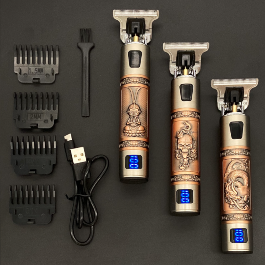 Vintage skægtrimmer med præcisionssnit, ergonomisk, sort, vandtæt, genopladelig, ideel til skægpleje.