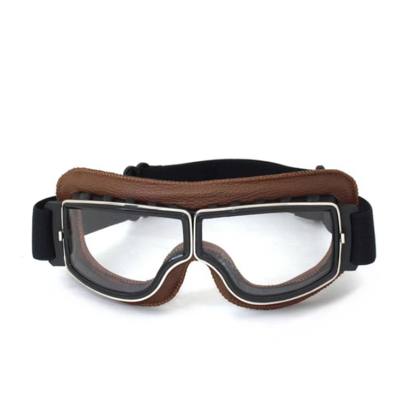 Vintage læder-motorcykelbrille i retro-stil med splintfri glas, der beskytter mod vind og støv, stilfuld og robust.