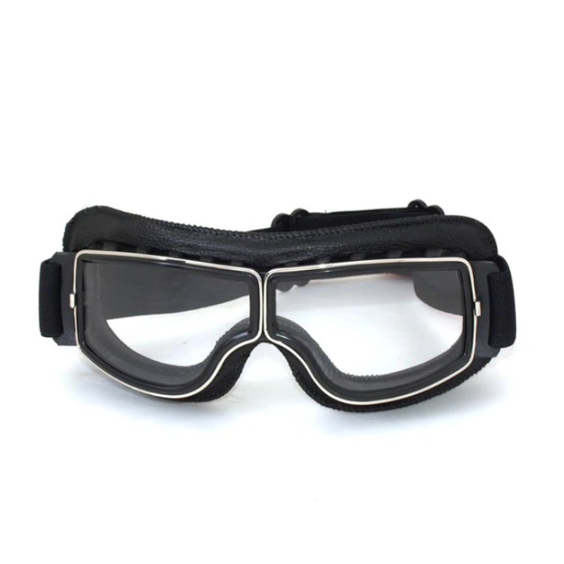 Vintage læder-motorcykelbrille i retro-stil med splintfri glas, der beskytter mod vind og støv, stilfuld og robust.