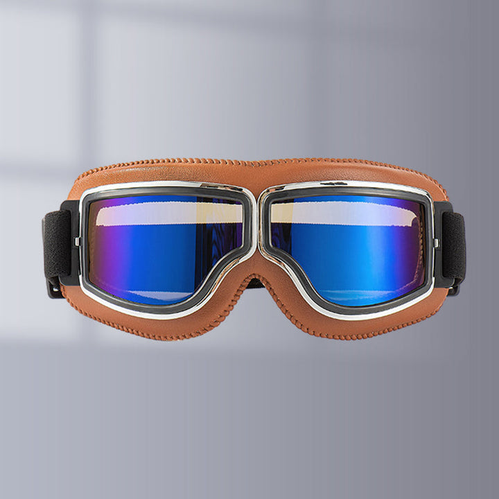 Vintage Motorcykelbriller med UV-beskyttelse, klassisk design, brune linser, foldbar, justerbar rem, ridsefast.