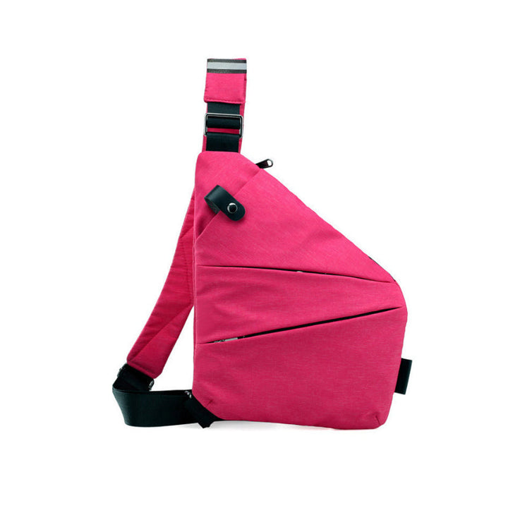 Forsiden af en tyverisikret skuldertaske i sort, med ergonomisk design, sikkerhedsrum og en holdbar nylon-polyesterblanding.