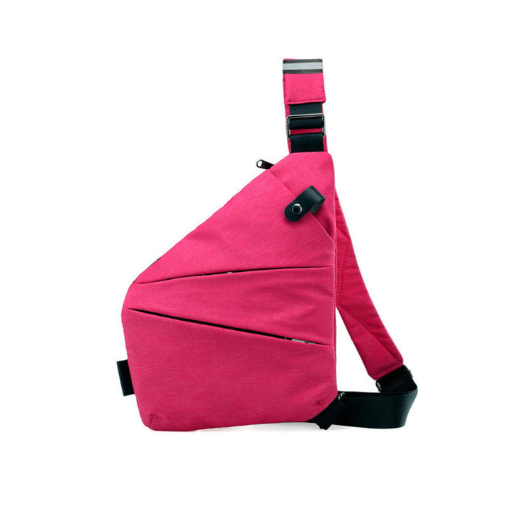 Forsiden af en tyverisikret skuldertaske i sort, med ergonomisk design, sikkerhedsrum og en holdbar nylon-polyesterblanding.