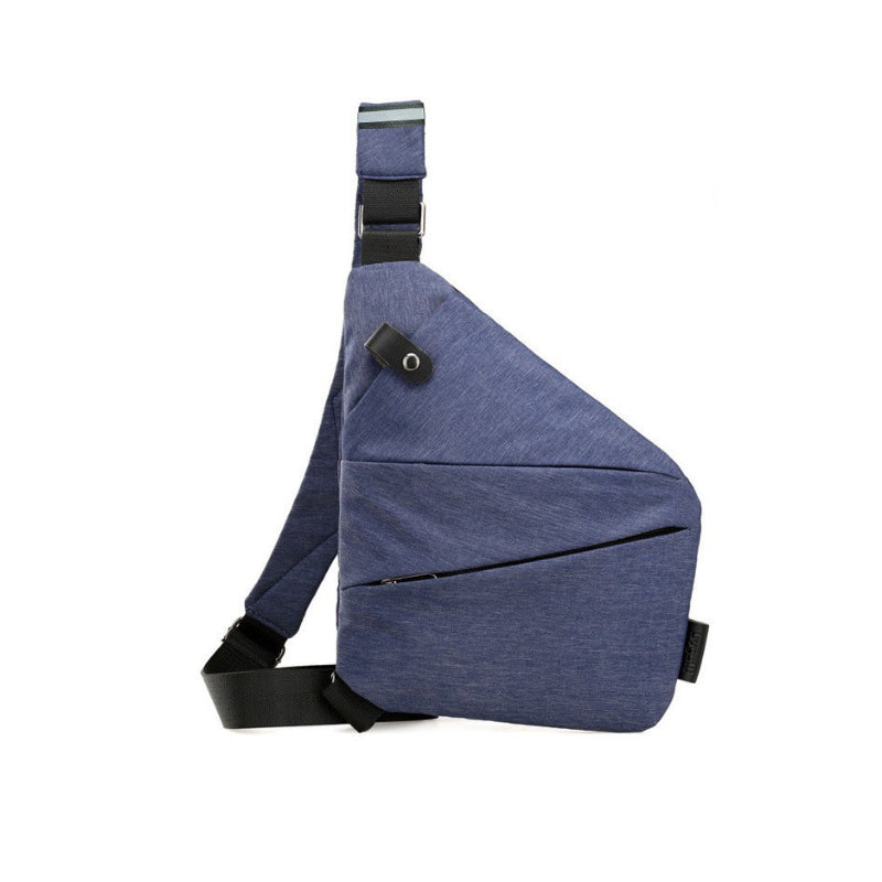 Forsiden af en tyverisikret skuldertaske i sort, med ergonomisk design, sikkerhedsrum og en holdbar nylon-polyesterblanding.