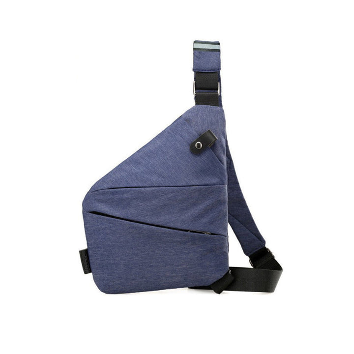 Forsiden af en tyverisikret skuldertaske i sort, med ergonomisk design, sikkerhedsrum og en holdbar nylon-polyesterblanding.