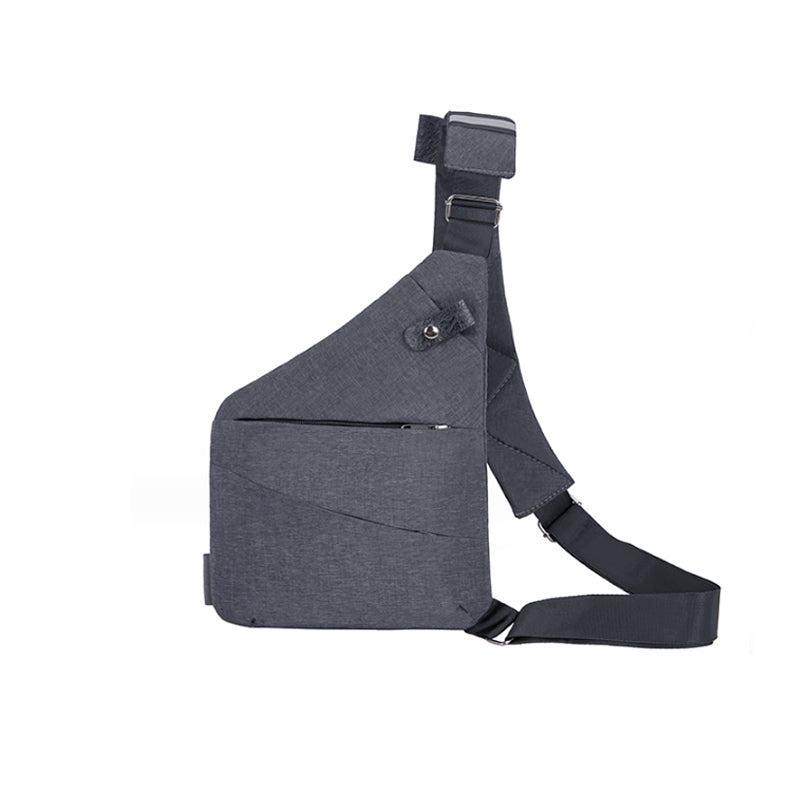 Forsiden af en tyverisikret skuldertaske i sort, med ergonomisk design, sikkerhedsrum og en holdbar nylon-polyesterblanding.