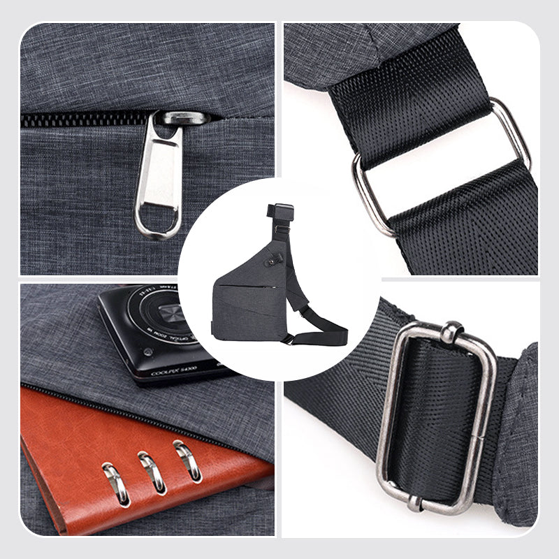 Forsiden af en tyverisikret skuldertaske i sort, med ergonomisk design, sikkerhedsrum og en holdbar nylon-polyesterblanding.