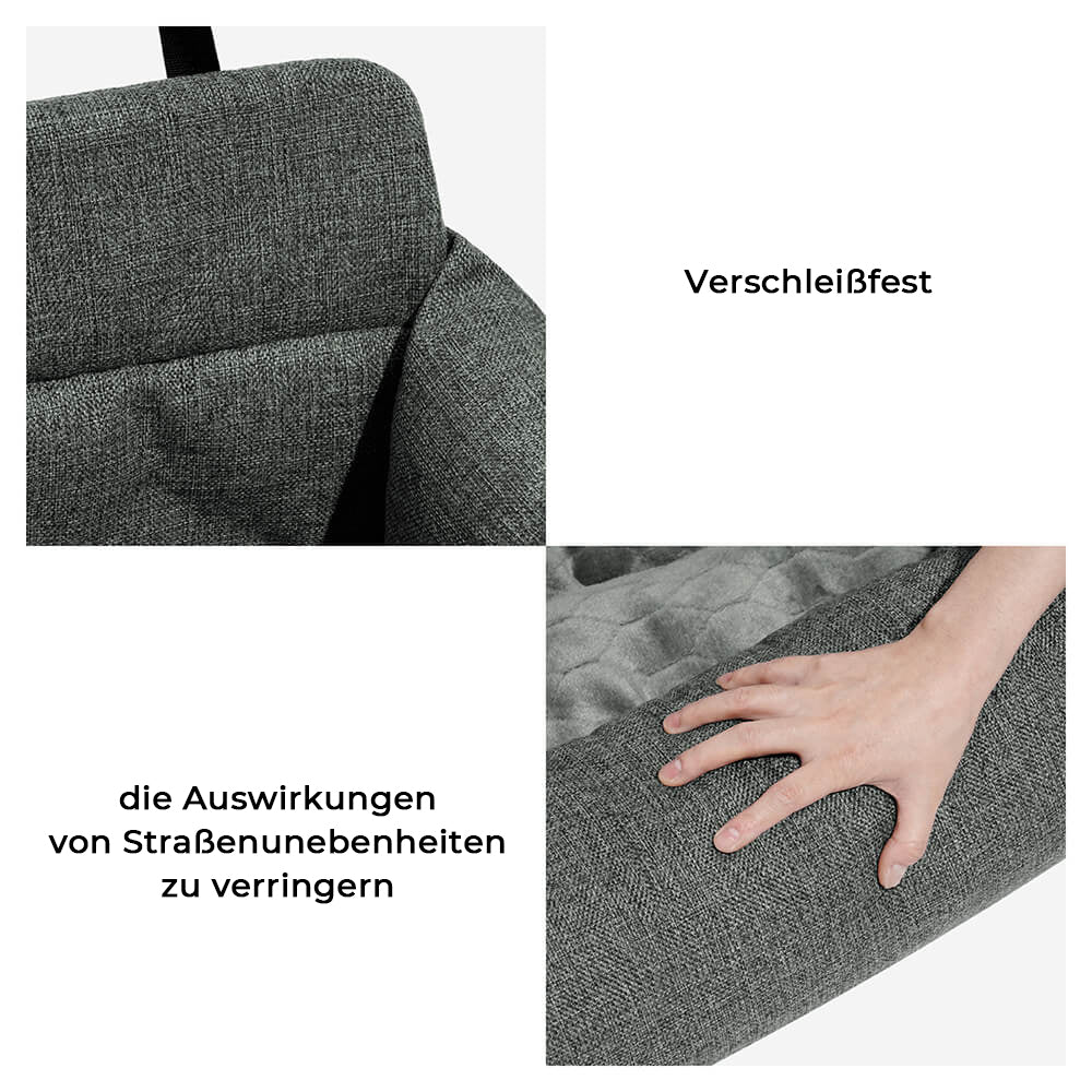 Hundebilsæde i bil, rummeligt, beige stof, høj kant, dobbeltsele for sikkerhed og komfort.