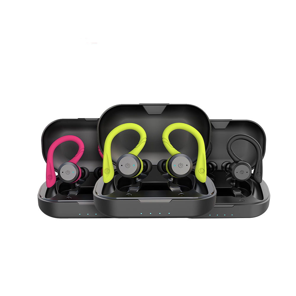 Vandtætte trådløse sportsørepropper med ergonomisk design og 20 timers spilletid, ideelle til aktiv brug og regn.