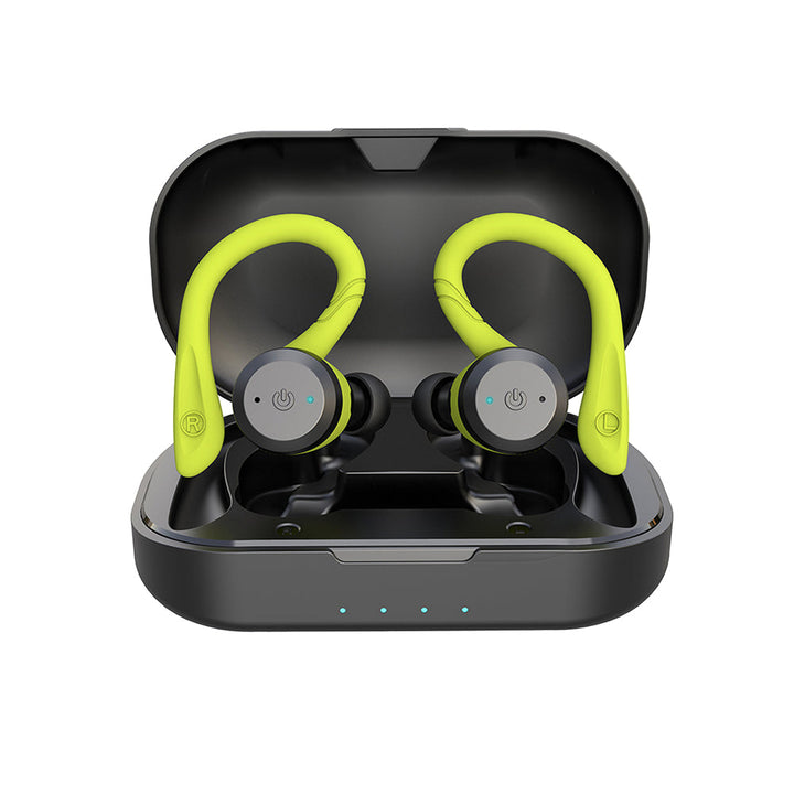Vandtætte trådløse sportsørepropper med ergonomisk design og 20 timers spilletid, ideelle til aktiv brug og regn.