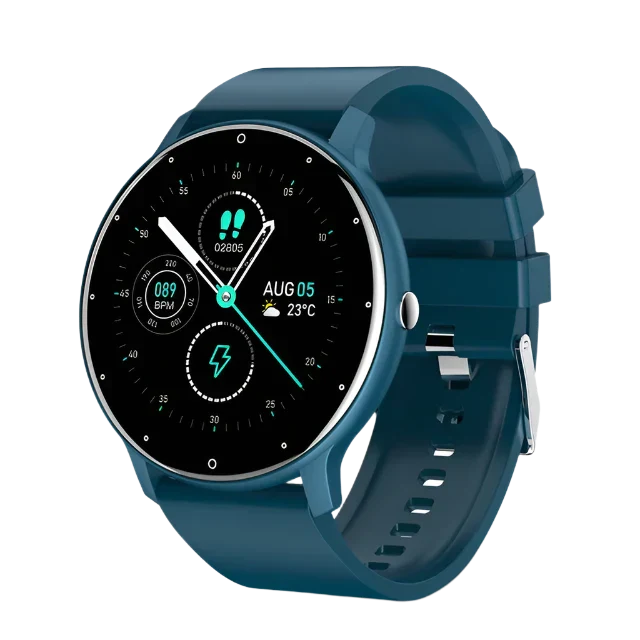 Detaljer om unisex smartwatch, inklusive display og rem.