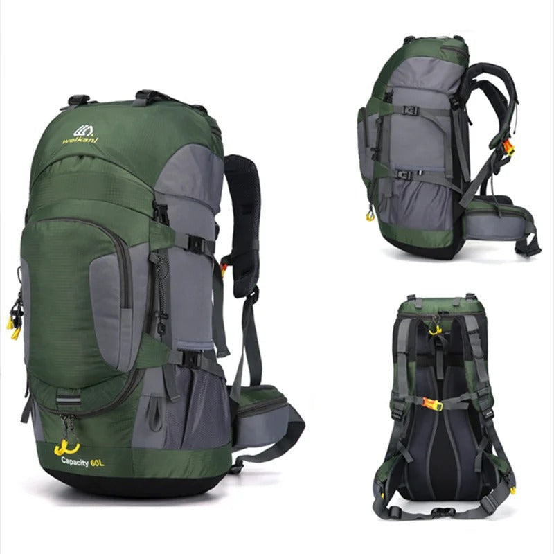 Vandtæt 60L rygsæk, robust design, rummelig, ergonomisk, ideel til udendørs eventyr og rejser