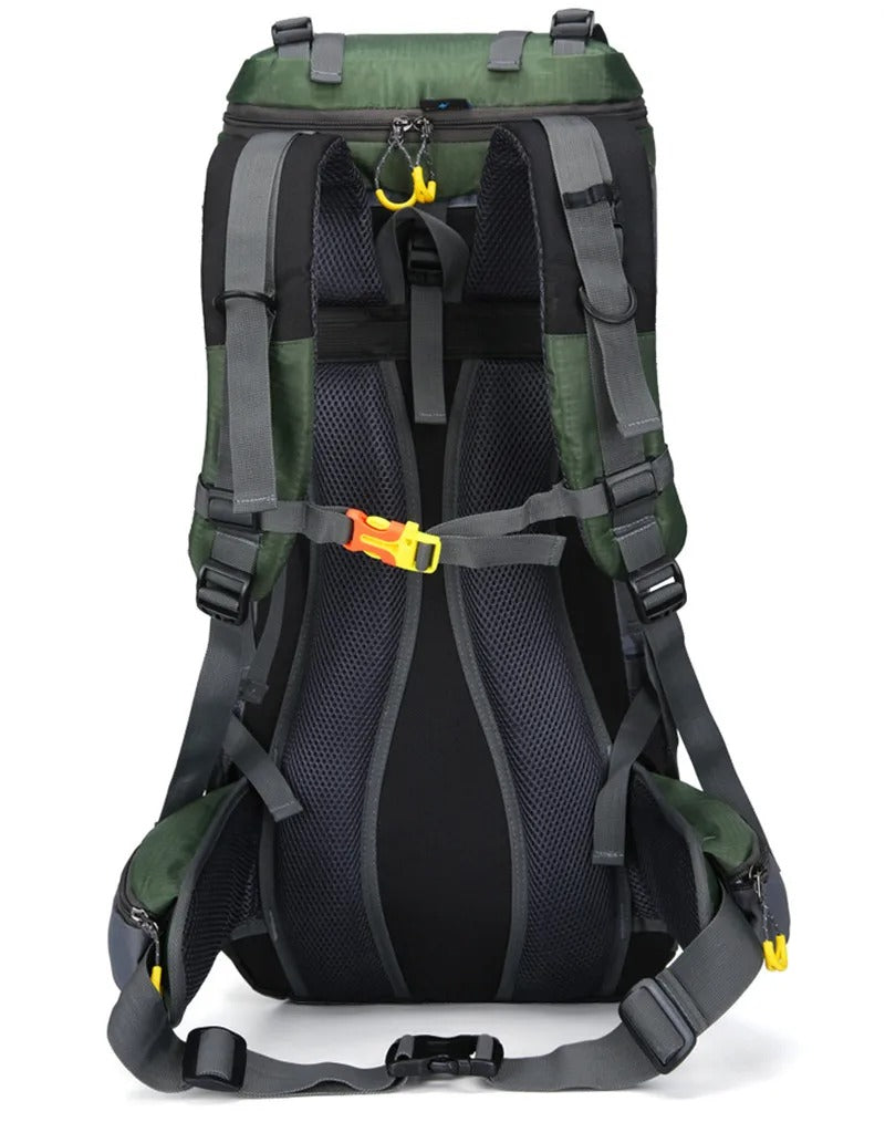 Vandtæt 60L rygsæk, robust design, rummelig, ergonomisk, ideel til udendørs eventyr og rejser