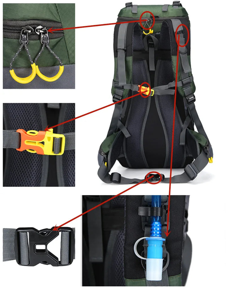 Vandtæt 60L rygsæk, robust design, rummelig, ergonomisk, ideel til udendørs eventyr og rejser
