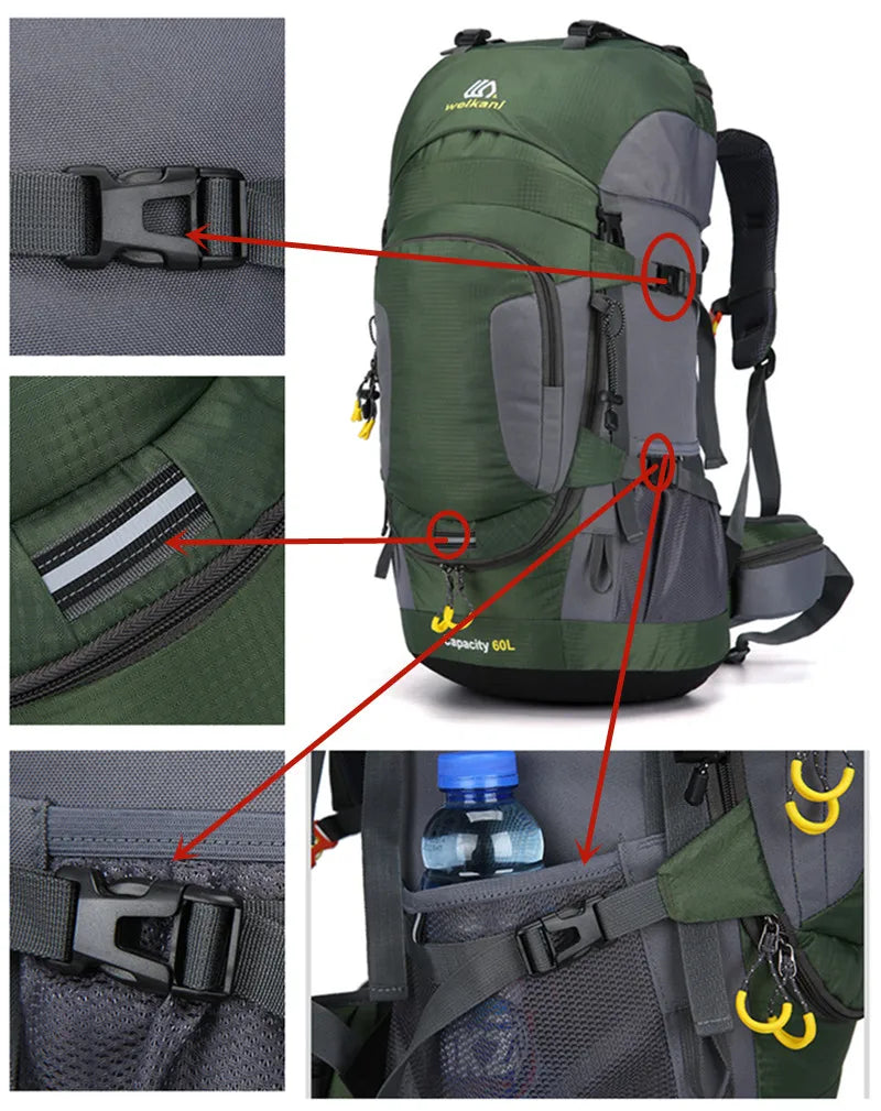 Vandtæt 60L rygsæk, robust design, rummelig, ergonomisk, ideel til udendørs eventyr og rejser