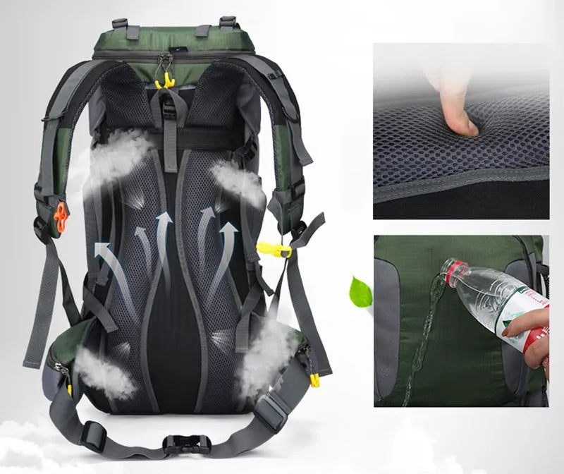Vandtæt 60L rygsæk, robust design, rummelig, ergonomisk, ideel til udendørs eventyr og rejser