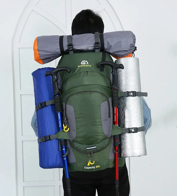 Vandtæt 60L rygsæk, robust design, rummelig, ergonomisk, ideel til udendørs eventyr og rejser