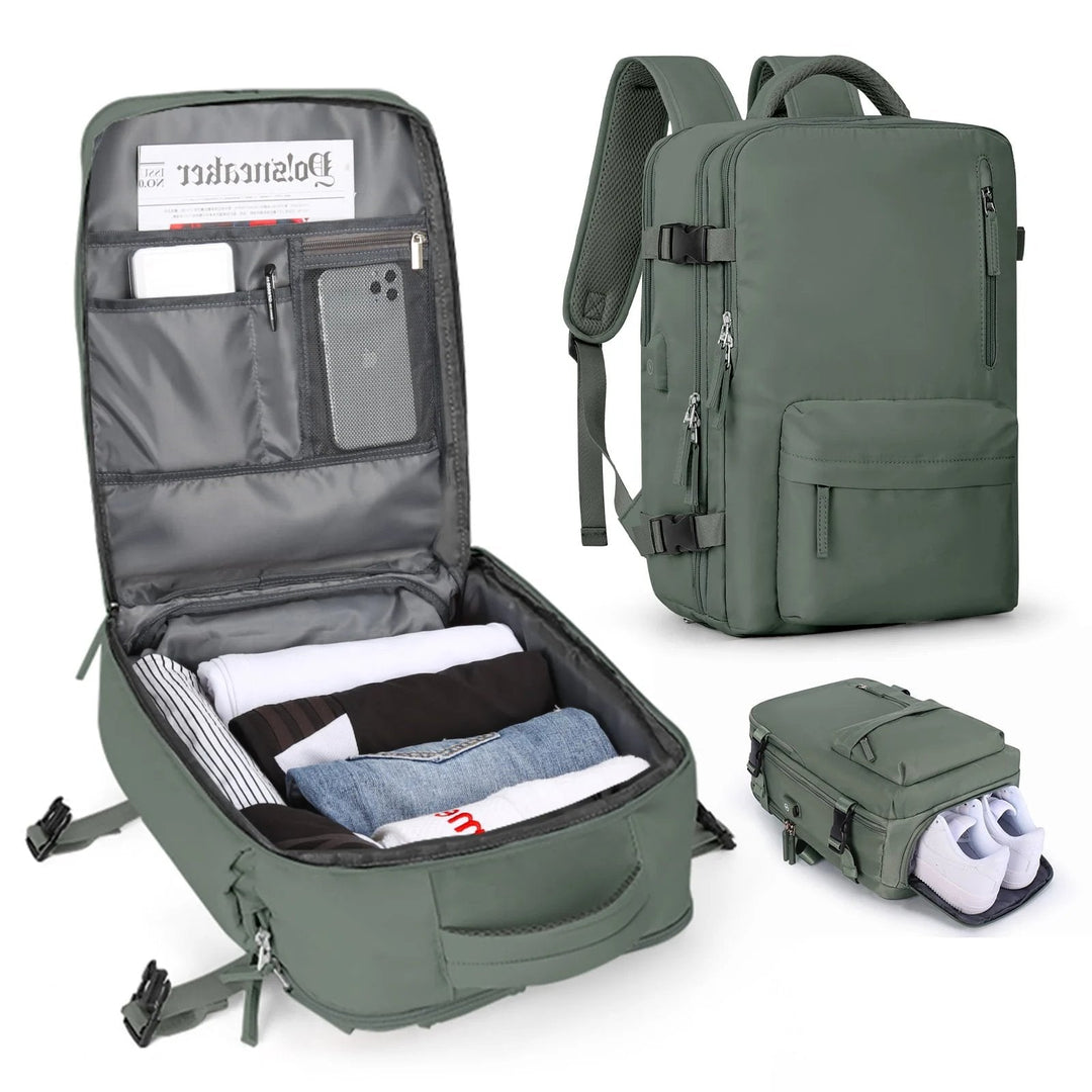 Vandtæt damerejserygsæk med USB-port, 35L volumen, i blå med polstrede stropper og sikkerhedsrum.