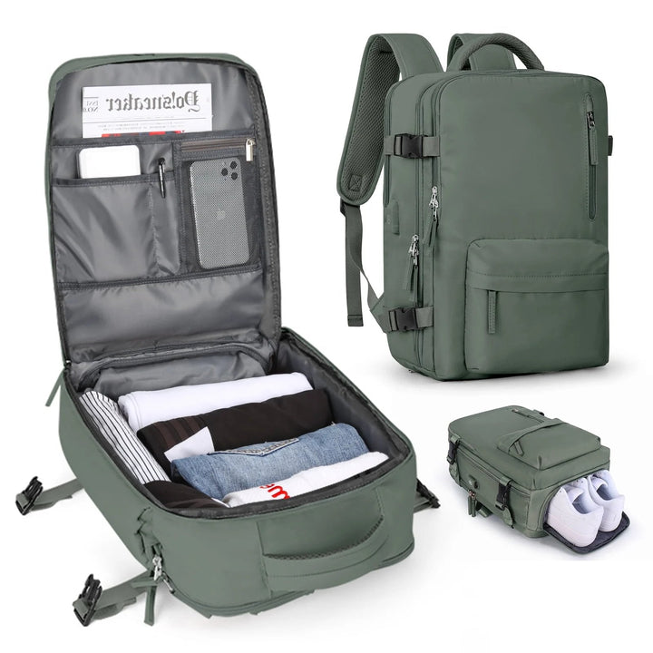 Vandtæt damerejserygsæk med USB-port, 35L volumen, i blå med polstrede stropper og sikkerhedsrum.