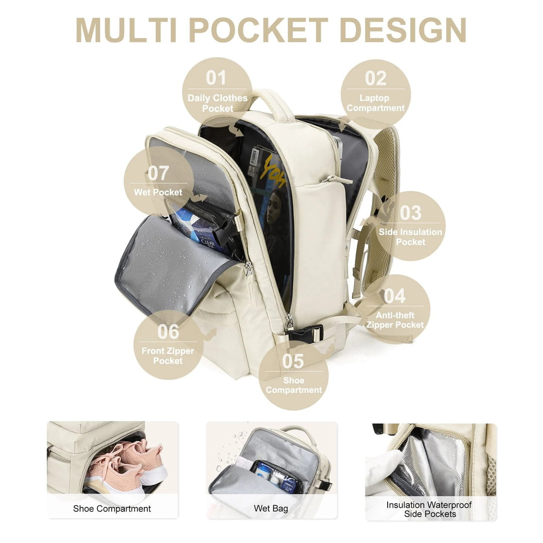 Vandtæt damerejserygsæk med USB-port, 35L volumen, i blå med polstrede stropper og sikkerhedsrum.