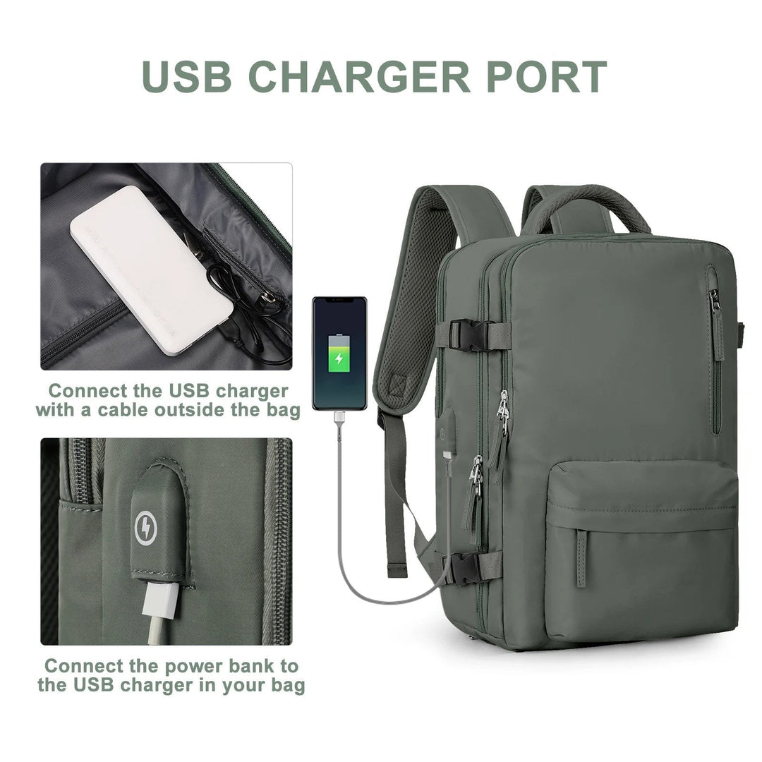 Vandtæt damerejserygsæk med USB-port, 35L volumen, i blå med polstrede stropper og sikkerhedsrum.