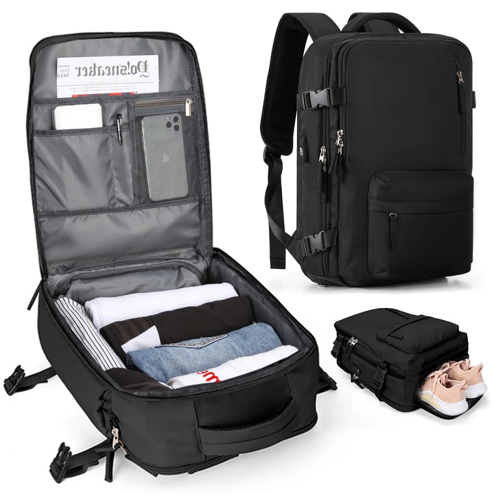 Vandtæt damerejserygsæk med USB-port, 35L volumen, i blå med polstrede stropper og sikkerhedsrum.