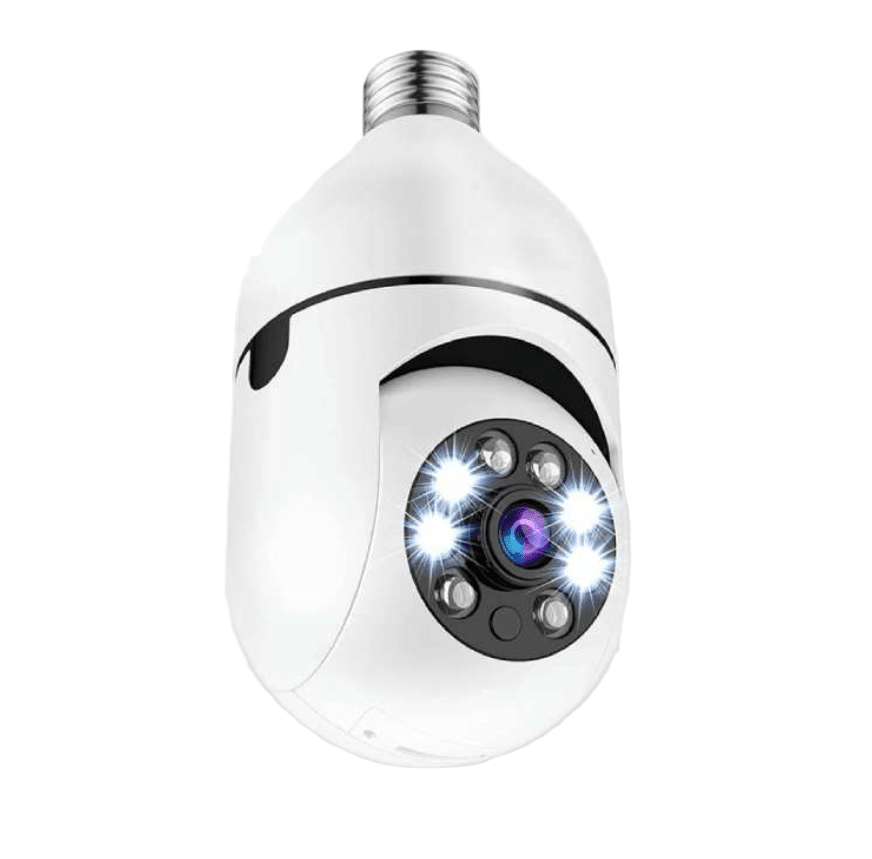 Hvidt 360° overvågningskamera med HD 1080p og nattesyn, ideelt til indendørs og udendørs brug, vejrbestandigt, Wi-Fi-kompatibelt.