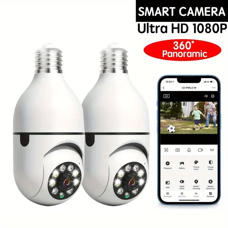 Hvidt 360° overvågningskamera med HD 1080p og nattesyn, ideelt til indendørs og udendørs brug, vejrbestandigt, Wi-Fi-kompatibelt.