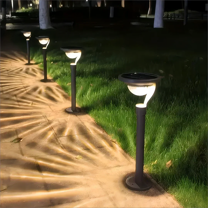 Vejrbestandig LED solcellelampe til haven, der tilbyder høj lysstyrke og stilfuld belysning, ideel til udendørsområder.