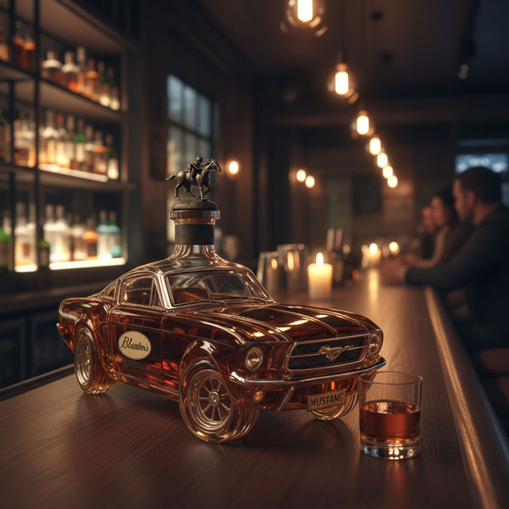 Elegant whiskykaraffel i glas, Mustang-design, ideel for spiritus og en maskulin hjemmebar.
