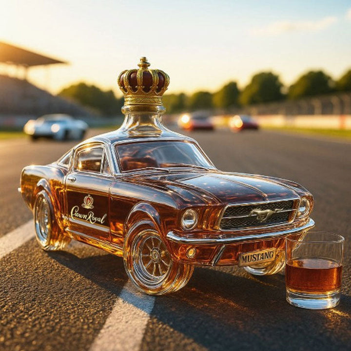 Nærbillede af stilfuld Mustang-inspireret whiskykaraffel i glas, et must-have til din bar.