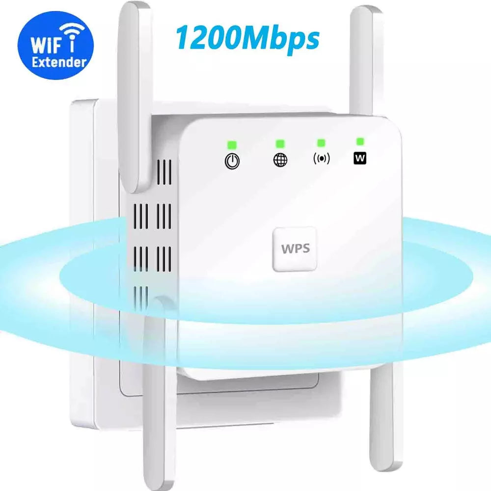 Hvid 5G Wi-Fi forstærker repeater med fire antenner og 1200Mbps for hurtigt og stabilt internet.