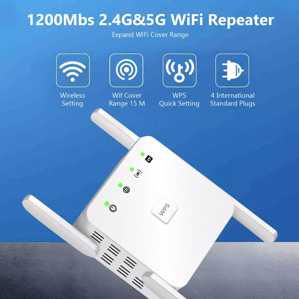 Hvid 5G Wi-Fi forstærker repeater med fire antenner og 1200Mbps for hurtigt og stabilt internet.